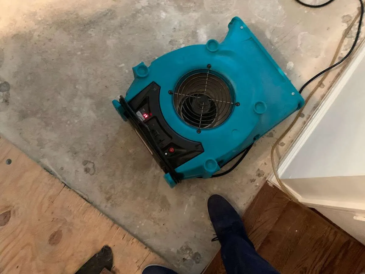 Air mover drying subfloor during Commercial Water Damage Restoration in Westborough